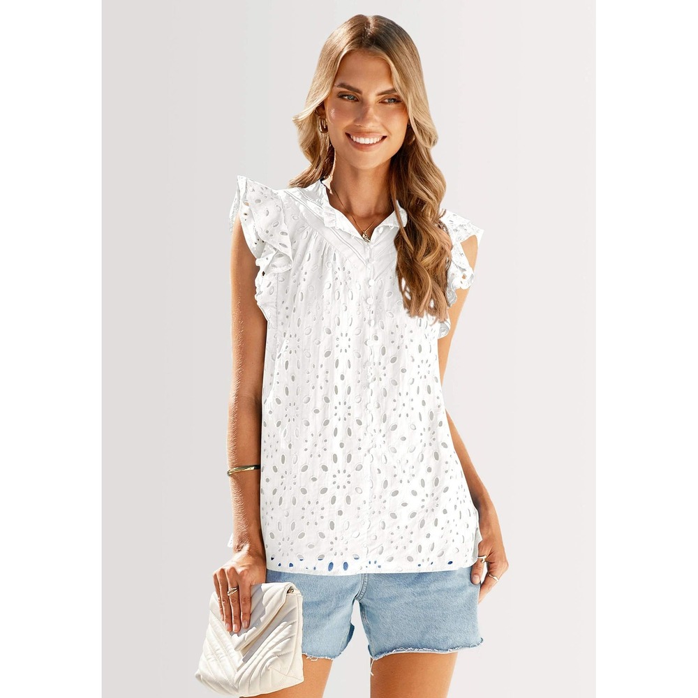 PrettyGarden Womens White Eyelet Lace Flutter Sleeve Button Down Blouse Medium